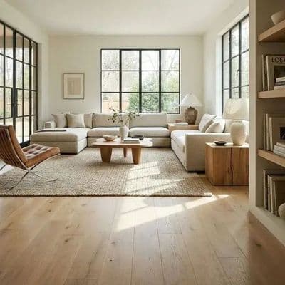 a living room filled with furniture and large windows