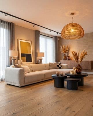 a living room filled with furniture and a chandelier