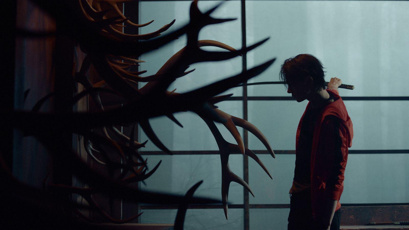 a person standing in front of a window with antlers