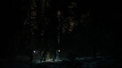 a group of people walking through a forest at night