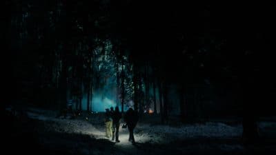 a group of people walking through a forest at night