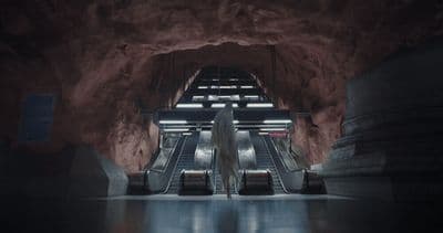 a woman riding an escalator in a tunnel