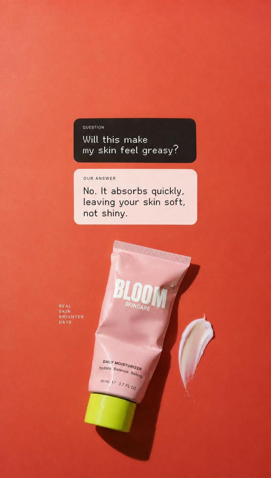 Portrait skincare ad with chat bubbles on coral red, and the same ad recomposed as a square - Before