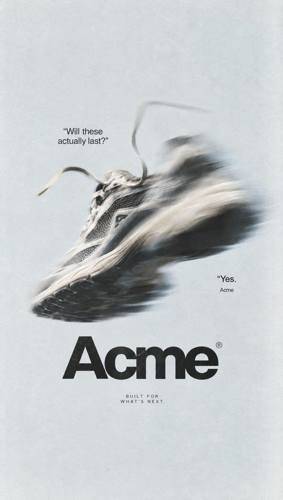 Ad with a gray running shoe in motion above the wordmark Acme, and the same ad with a white court sneaker and the wordmark Court - Before