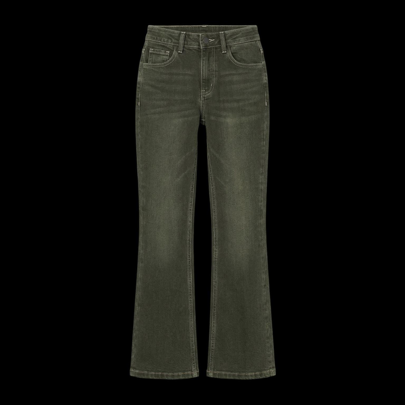 a pair of dark green jeans on a black background
