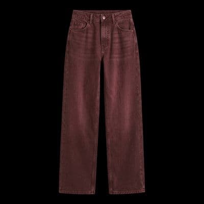 a pair of dark red jeans on a black background