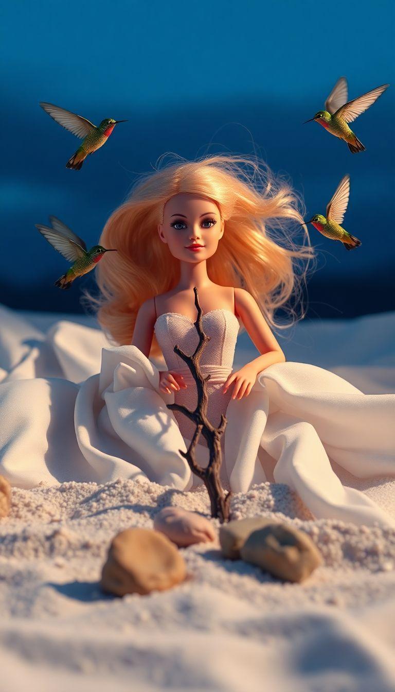 a barbie doll sitting in the sand with birds flying around her