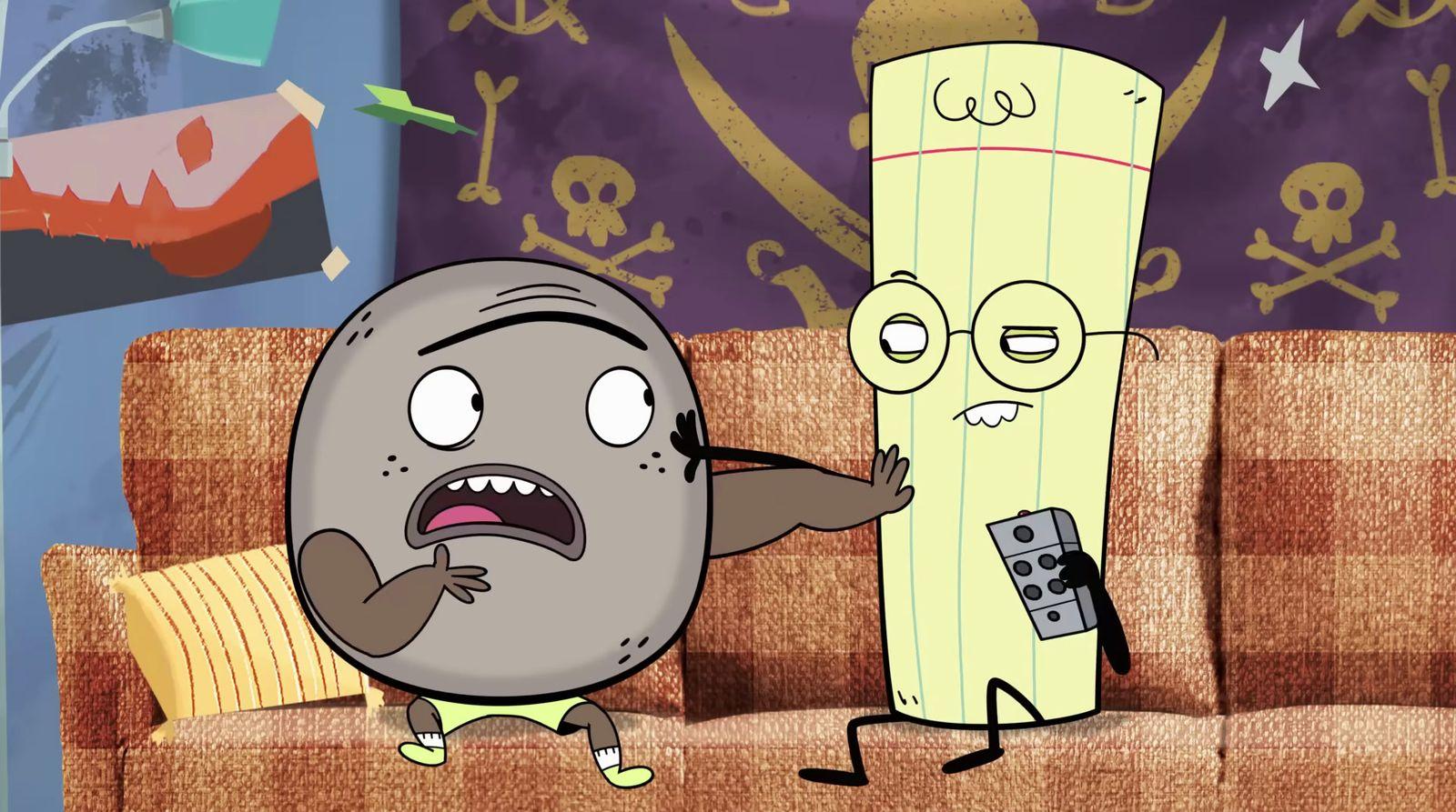 a cartoon picture of a rock and a tv remote