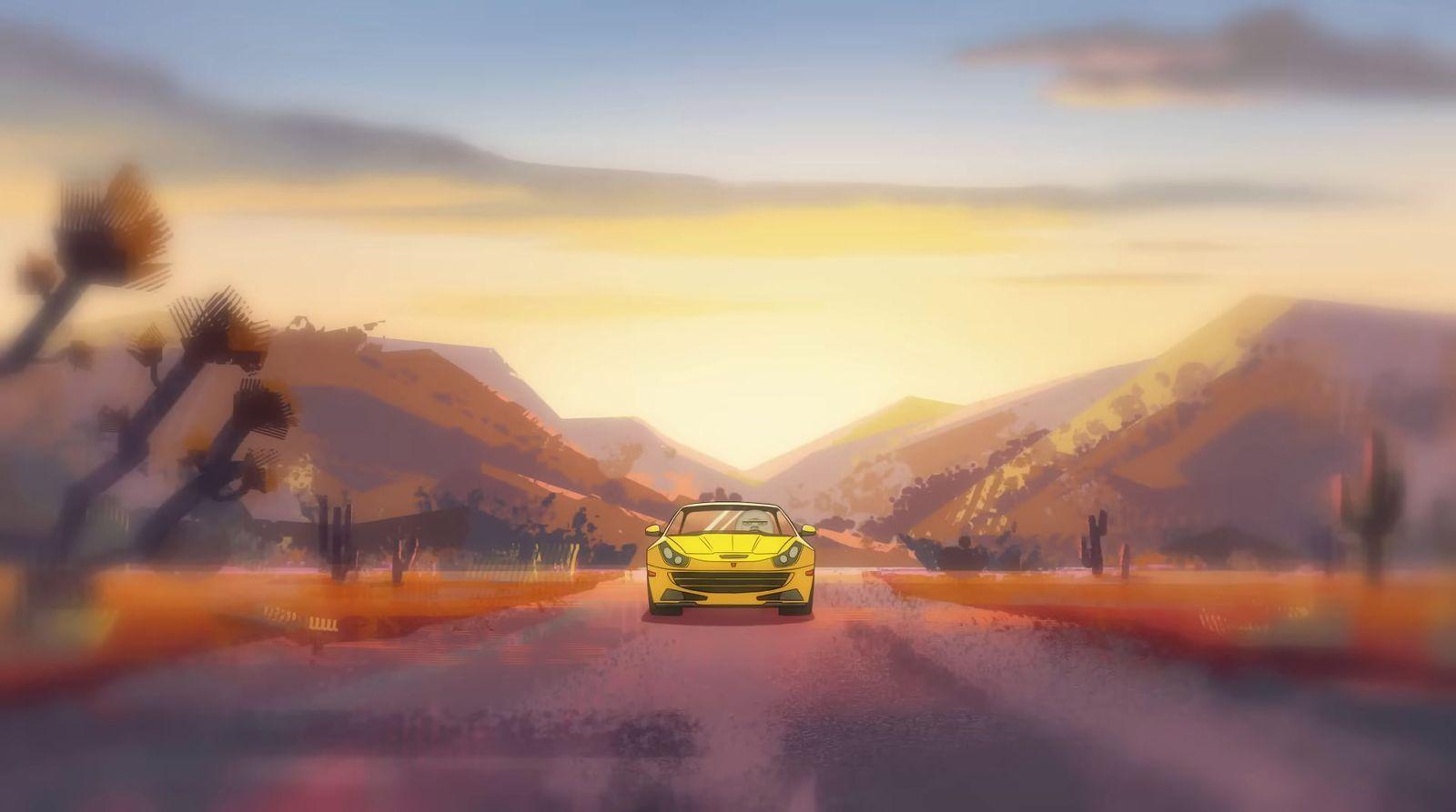a yellow car driving down a road with mountains in the background