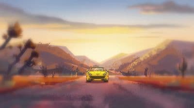 a yellow car driving down a road with mountains in the background