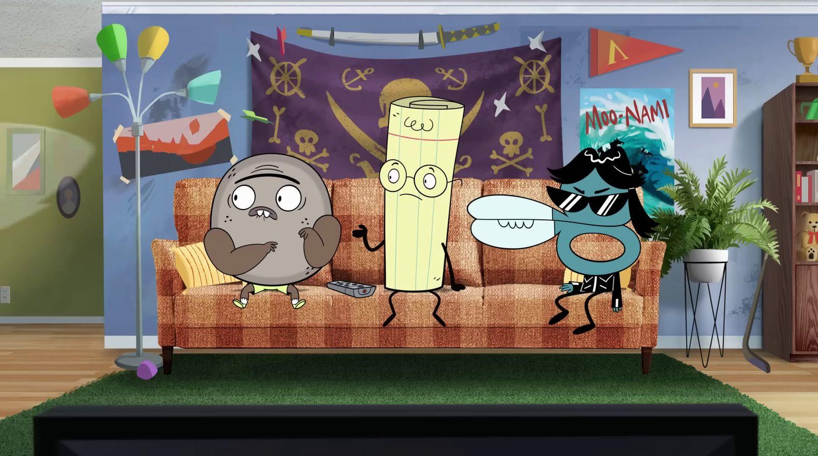 a couch with two cartoon characters on it