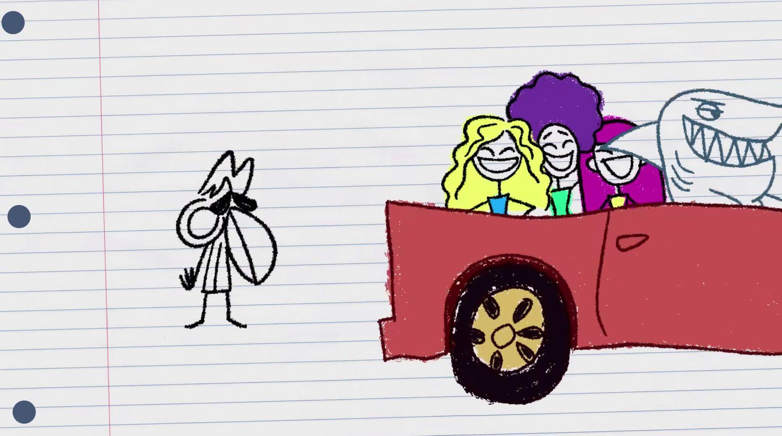 a drawing of three people in a red car