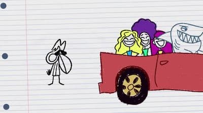 a drawing of three people in a red car