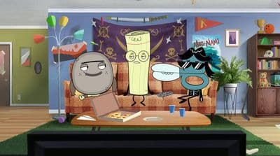 a living room filled with furniture and cartoon characters