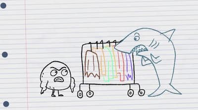 a drawing of a shark pulling a cart with a man on it