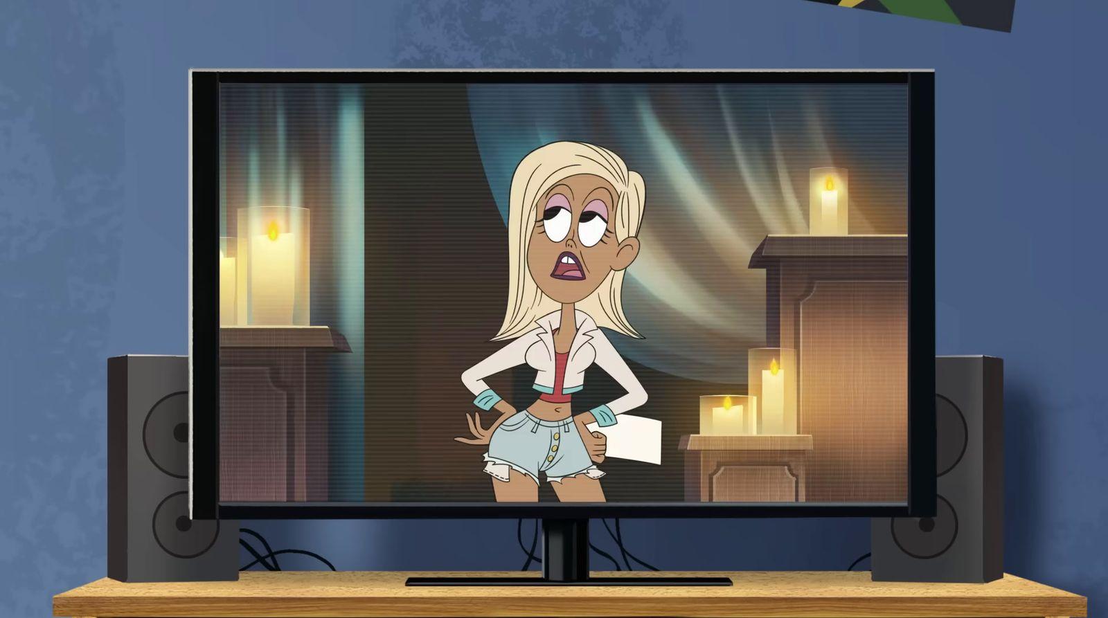 a cartoon picture of a woman standing in front of a flat screen tv