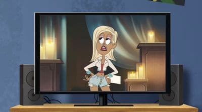 a cartoon picture of a woman standing in front of a flat screen tv