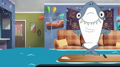 a cartoon shark standing on a surfboard in a living room