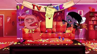 a cartoon of two people in a living room
