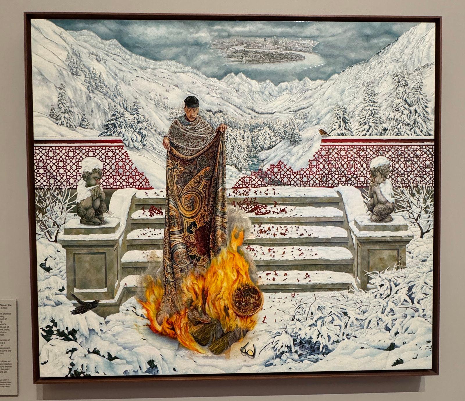 a painting of a man standing in front of a fire