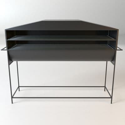 a black desk with three shelves on each side