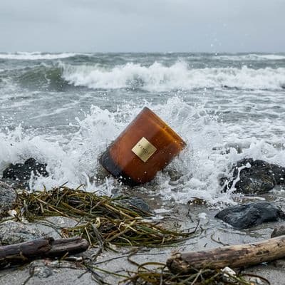 a bottle of wine sitting on top of a beach next to the ocean