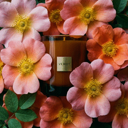 a close up of a candle surrounded by flowers