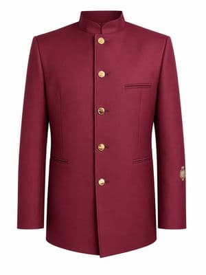 a red jacket with gold buttons on the lapel
