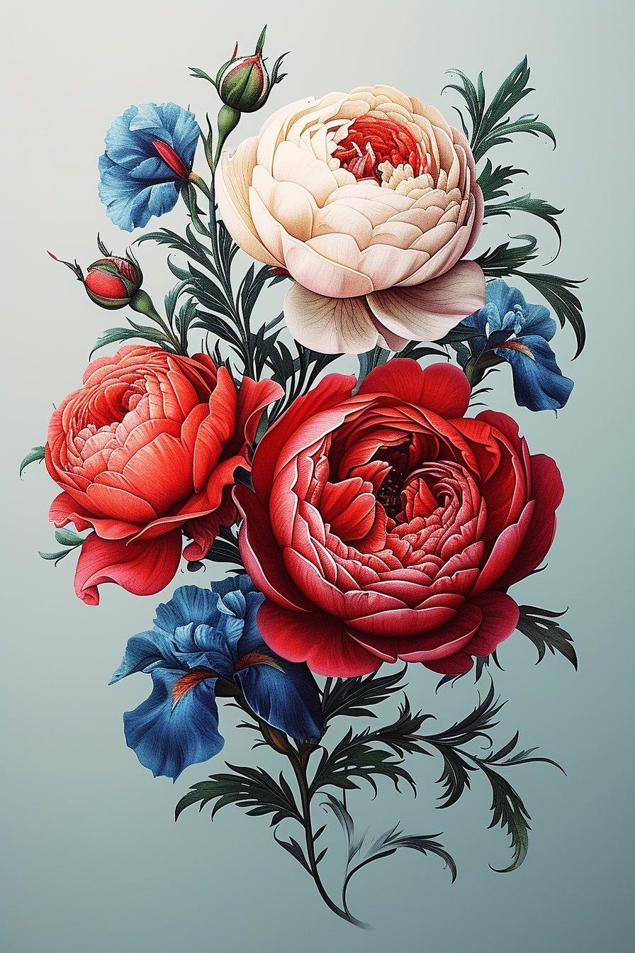 a painting of a bouquet of flowers on a blue background