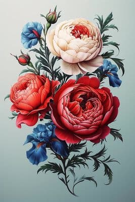 a painting of a bouquet of flowers on a blue background