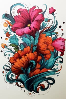a painting of flowers and swirls on a white background