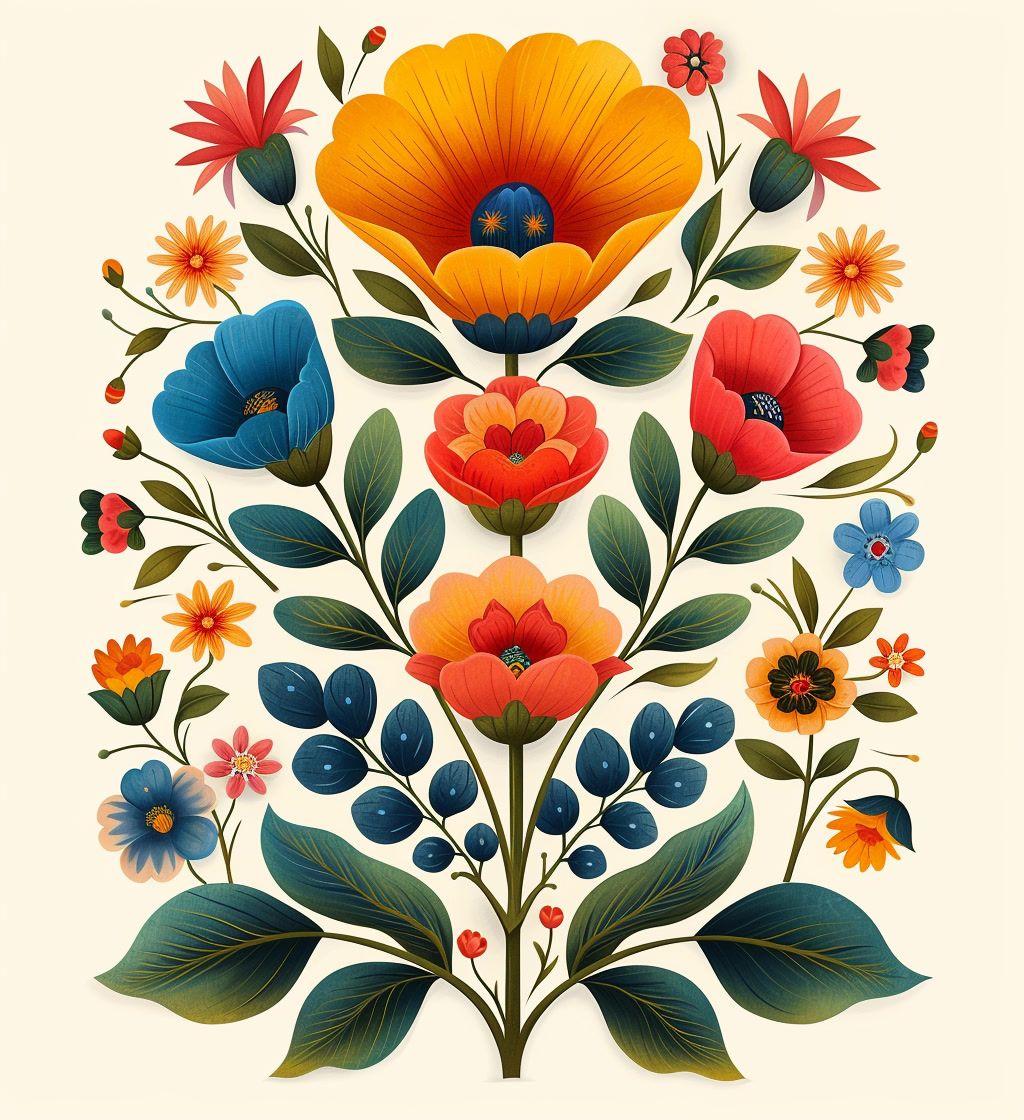 a painting of flowers and leaves on a white background