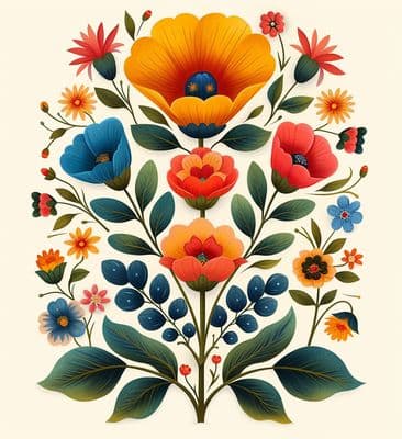 a painting of flowers and leaves on a white background