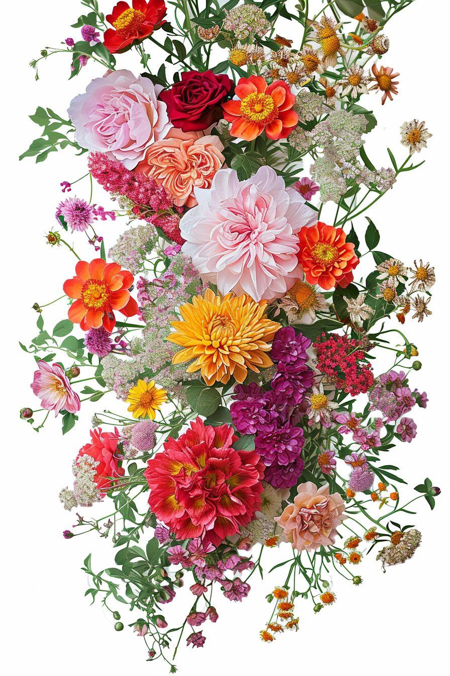 a bunch of different colored flowers on a white background