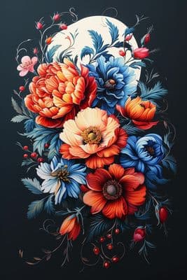 a painting of a bouquet of flowers on a black background