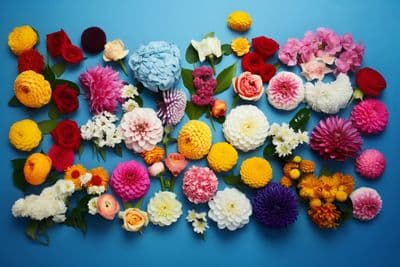 a bunch of different colored flowers on a blue background