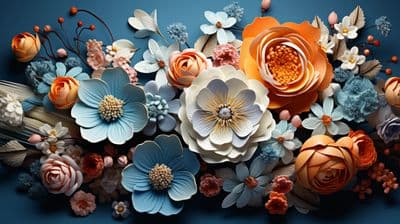 a bunch of flowers that are on a blue surface
