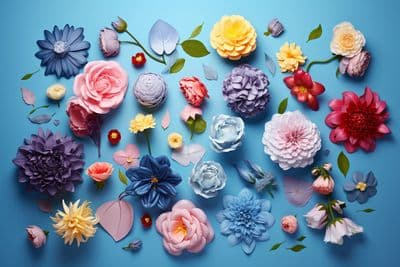 a bunch of different colored flowers on a blue background