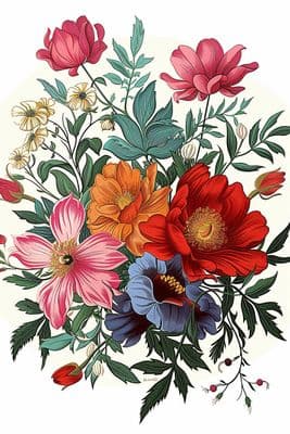 a bunch of flowers that are on a white background