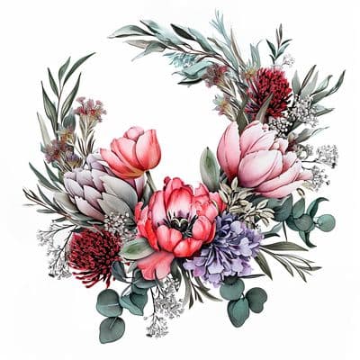 a watercolor painting of a wreath of flowers