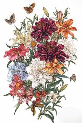 a bouquet of flowers with butterflies flying around