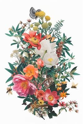 a painting of flowers and butterflies in a vase