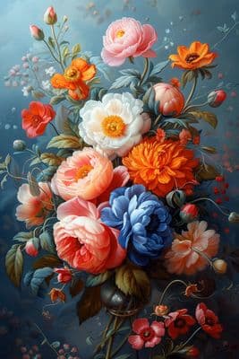 a painting of a bouquet of flowers on a blue background