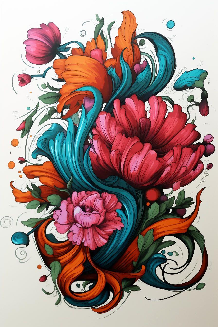 a painting of flowers and swirls on a white background