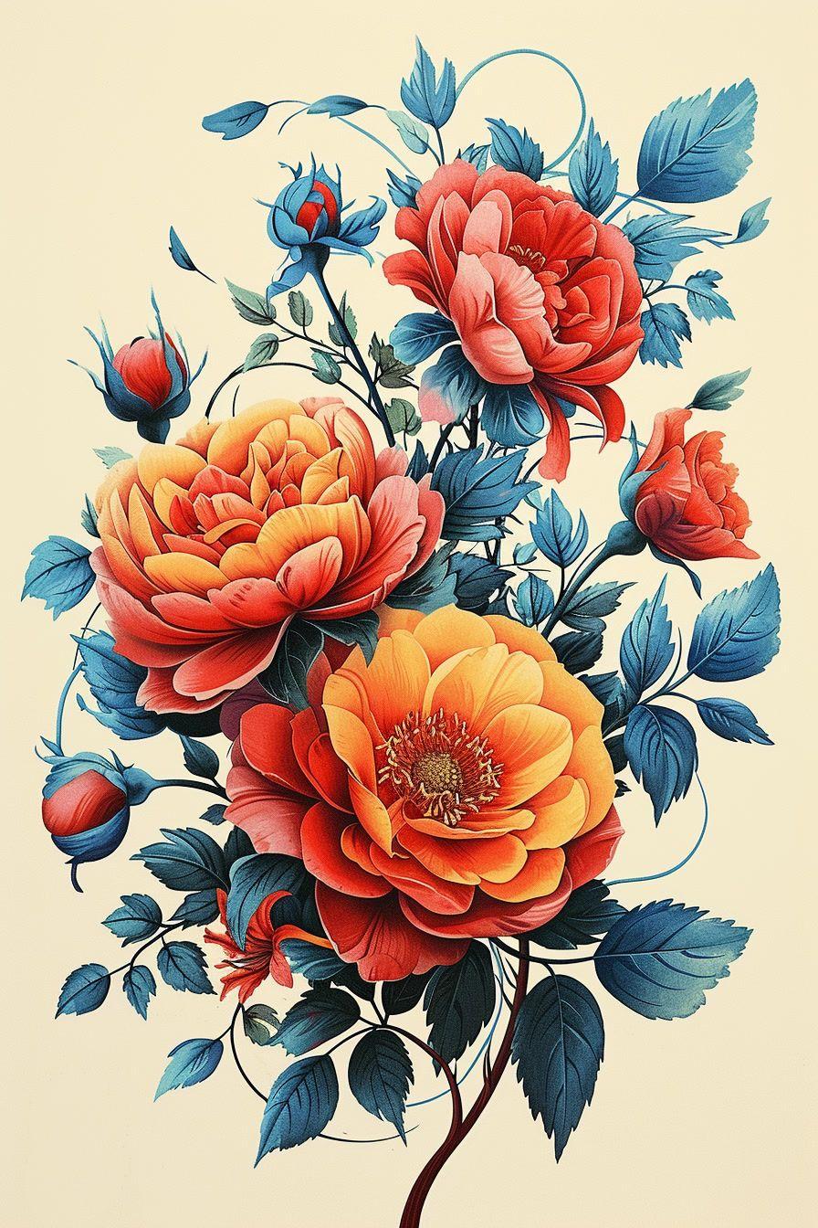 a painting of a bouquet of flowers on a white background
