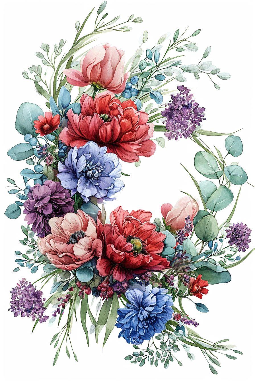 a watercolor painting of a wreath of flowers