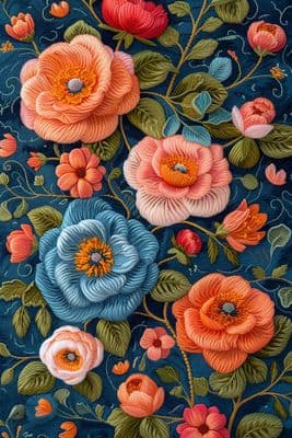 a painting of flowers on a blue background
