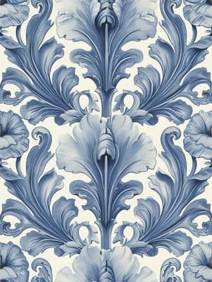 a blue and white wallpaper with a floral design