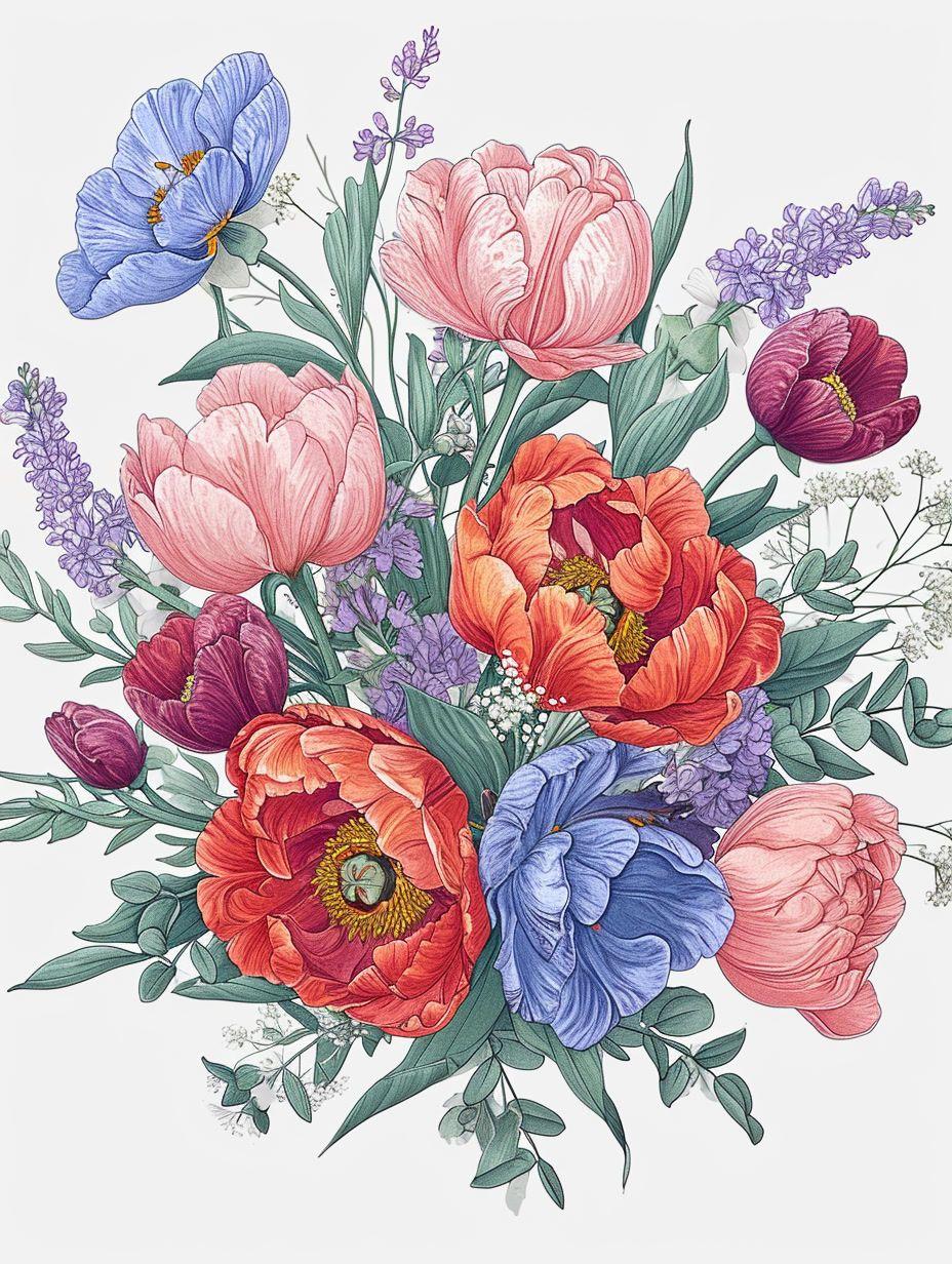 a drawing of a bouquet of flowers on a white background