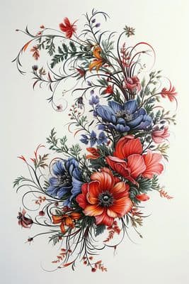 a painting of a bouquet of flowers on a white background